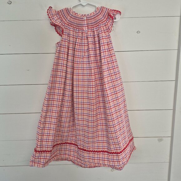 Girls Smocked Gingham Dress With Crab Embroidery & Flutter Sleeves - Picture 4 of 8